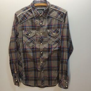 BKE Shirt Mens MEDIUM Gray Plaid Pearl Snap Long Sleeve Athletic Fit